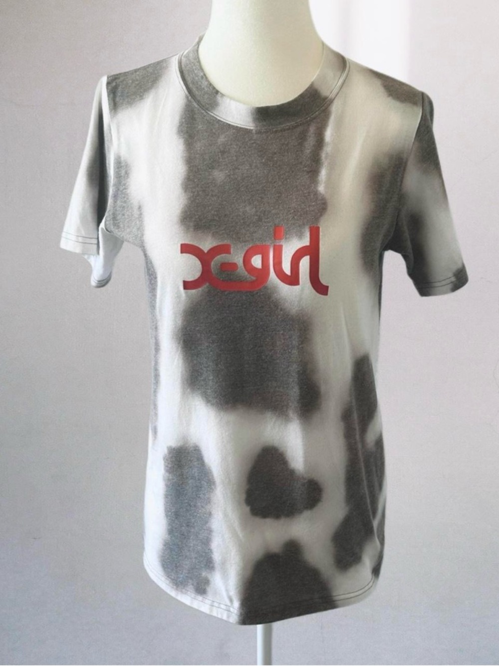 X-girl Women’s Grey & White Cow Print Tie-Dye Short Sleeve Tee with Red Logo